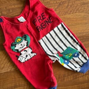 Vintage 90s Baby Boy Fire Truck Dalmatian Dog Romper 3-6 Months Red Green Blue